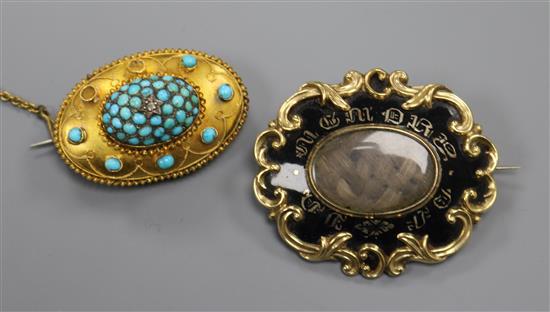 A Victorian yellow metal and black enamel mourning brooch and a Victorian yellow metal and turquoise set brooch, largest 46mm.